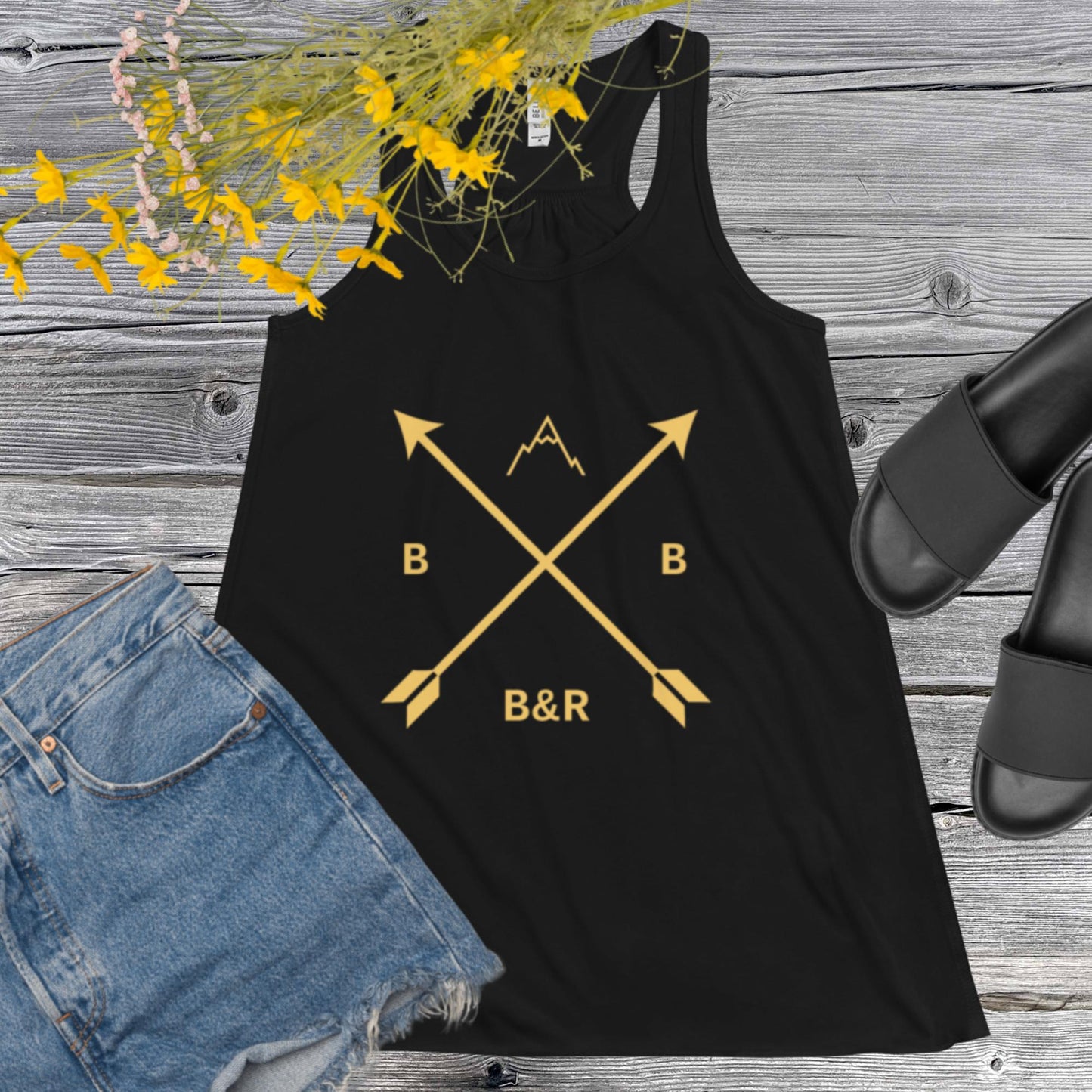 Women's B&R Flowy Racerback Tank (black with gold logo)