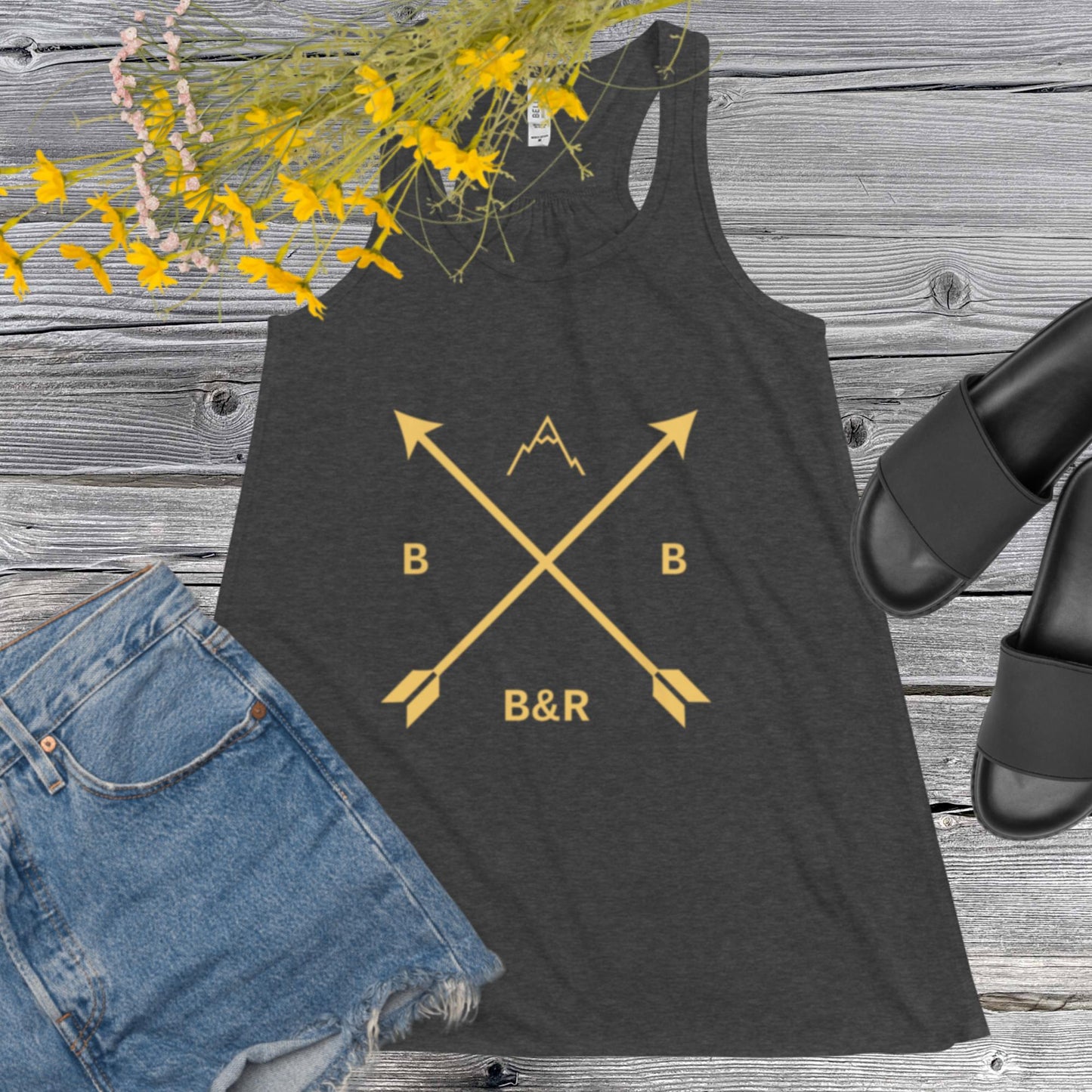 Women's B&R Flowy Racerback Tank (black with gold logo)